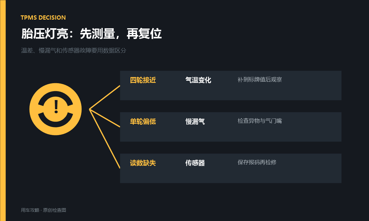 胎压报警灯亮但轮胎没瘪，怎么判断温差还是慢漏气